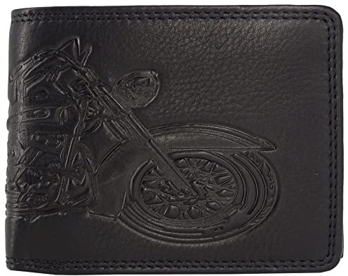 Hill Burry ® Geldbörse Geldtasche Geldbeutel Portemonnaie aus Leder für Herren Männer RFID-Schutz mit Münzfach (Einkaufchip) und Einer Prägung Motorbike Bike Motorcycle (Querformat, Schwarz)