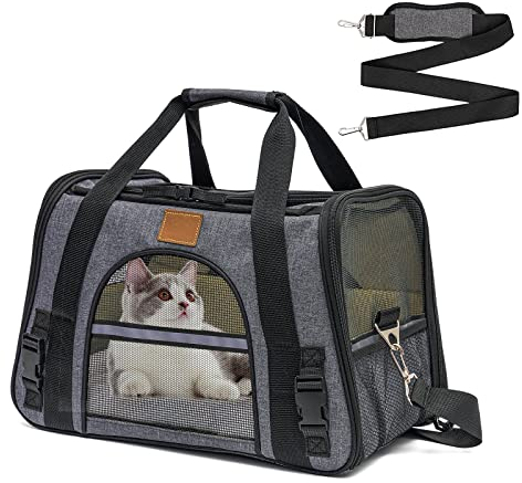 Katzentransportbox,Atmungsaktive und Faltbare Hundebox mit Herausnehmbarer Matte und Atmungsaktivem Netz Schultergurt für Haustie für Kätzchen (39.5 * 25 * 28cm)