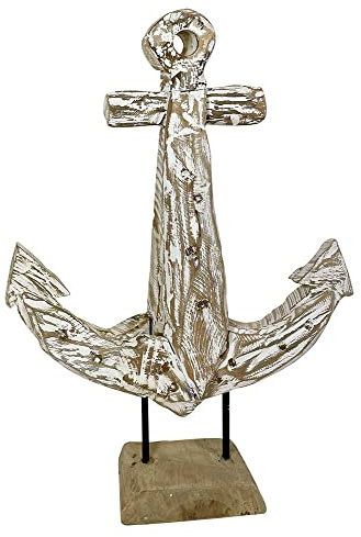 zeitzone Anker Figur Deko Skulptur Schiffsanker auf Ständer Teakholz Weiß Maritim 38cm