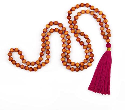 Bodhi Mala Kette mit Sandelholz-Duft und farbiger Quaste in berry, 108 Perlen