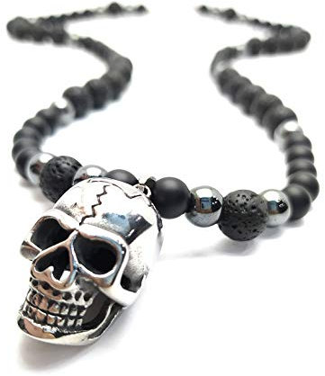 Herren Halskette totenkopf Onyx perlen Edelstein Edelstahl skull Necklace Rosenkranz Schmuck/ALLA (66cm)