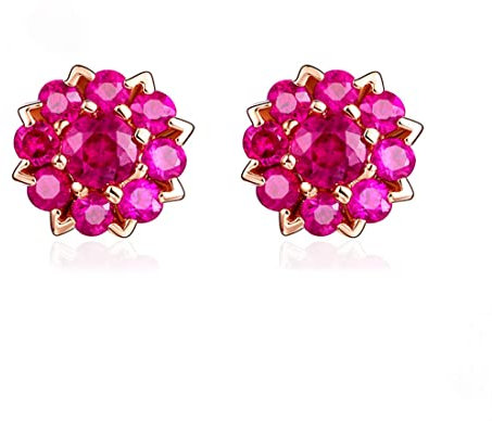 Klein Ohrstecker aus Solide 14 Karat 585 Rose Gold Rot Blume Ohrringe mit Natürlich Rubin Echt Schmuck Geschenk für Damen Mädchen Mama - Durchmesser: 6 mm