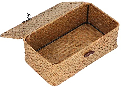 Aufbewahrungskorb aus Geflochtenem Rattan,Aufbewahrungskorb mit Deckel,Rechteckige Weidenkorb Aufbewahrungsbox,Regalkörbe Dekorative,Natürliche Seegras Make-up-Organizer für Badezimmer Küche Home(L)