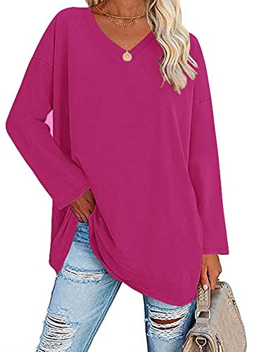 Famulily Women's Long Sleeve T Shirt Ladies Basic Tunic Tops V Neck Tshirts Hot Pink XL