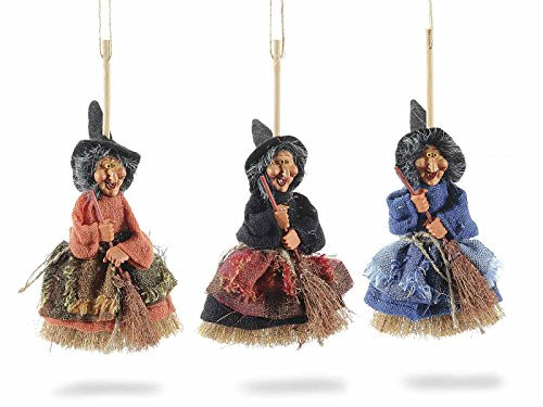 Gruppo Maruccia - Befana su Scopa con Vestito in Stoffa - Decorazioni Natalizie da Appendere per Casa, Vetrine e Negozi - Set da 9 Pezzi