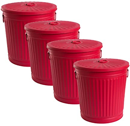 Jinfa | 4 Jeux Poubelle en métal galvanisé avec poignées et couvercle | Rouge | Diamètre Ø 42 cm - Hauteur 47,5 cm | Capacité: 62 litres