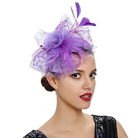 Losuya Flower Feather Fascinator Hat Net Veil Headband for Royal Ascot Races, Bridal Shower, Cocktail Tea Party Decoration (Purple)