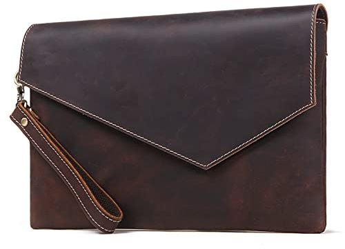 Vintage Aktentasche aus echtem Leder für Herren, Organizer, Handgelenktasche, handgefertigt, Bürotasche, Arbeitstasche, Portfolio, Ordner, schmale Passform, Metalltasche mit Reißverschluss,Brown