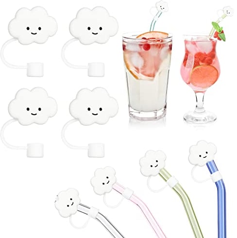 AUAUY 4 Stück Entzückende Silikon Strohhalm Abdeckung, Wiederverwendbare Trinkhalm Straw Stopper, Staubdicht Tragbare Strohkappen Abdeckungen, Strohstopfen für Dekor 7-8mm Strohhalme (Baiyun)