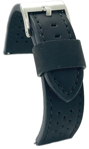 diloy Uhrenarmband Rindsleder glatt perforiert Rallye Racing Vintage – Kontrastnähte schwarz weiß rot blau – Größen 20mm 22mm 24mm – Schwarz – Sportlich klassisch 398 Schwarz 22mm