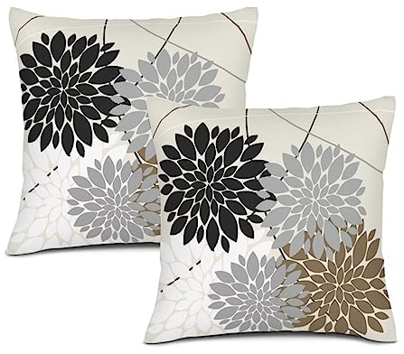 WOFOLE Weiße schwarze Kissenbezüge, 45.7x45.7 cm, Grau, Braun, Dahlie, Blumendruck, Überwurf-Kissenbezüge, Outdoor-Dekoration, Leinen-Kissenbezug für Zuhause, Wohnzimmer, Sofa, Couch, Bett, 2er-Set