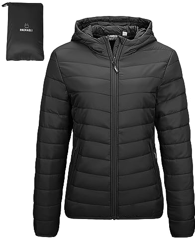 Outdoor Ventures Women's Winter Lightweight Puffer Jacket with Hood, Warm, Short, Packable, Quilted, Transitional, Padded Jacket for Ladies, Lined for Hiking, Travel Black 3XL