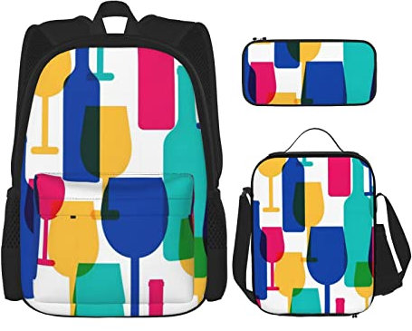 TOPUNY Cocktail Glasses and Wine Bottles printed Backpack trio - duffel bag, lunch bag, pencil case, Cocktail Glasses and Wine Bottles, One Size, Daypack Backpacks