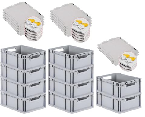 PROREGAL SuperSparSet 10x Eurobox NextGen Economy mit Scharnierdeckel & gelben Verschlüssen | Griffe offen | HxBxT 17x30x40cm | 16 Liter | Eurobehälter Transportbox Transportbehälter Stapelbehälter