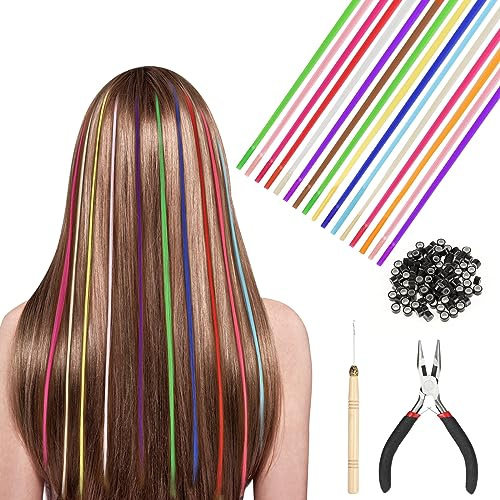 HIFOT 50 Piezas Kits Extensiones de Pelo Colores, Sintetico Extensiones para el Pelo, 100Pcs Cuentas, 1Pc Alicates y Gancho, 13 Colores Aleatorio Mechas Pelo Postizo Decoracion
