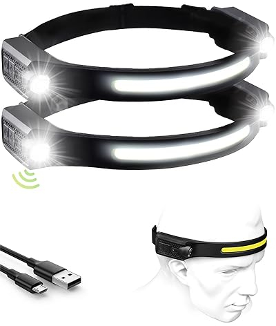 Rumicet Lampe Frontale Rechargeable LED, 1200LM Lampe Torche Frontale, Lampe frontale double 12 heures d'autonomie, 5 modes d'éclairage, légère avec détecteur de mouvement, étanche IPX4(Noir, 2pack)