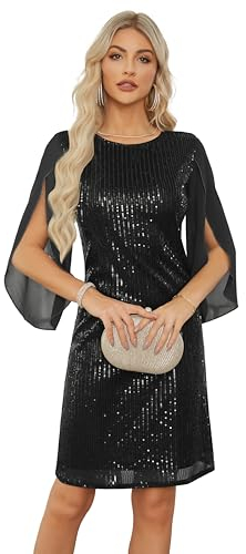 Damen Party Cocktailkleid Pailletten Kleid 3/4 Chiffon Ärmel Club Glitzer Kleid Vintage MidiKleid Festlich Hochzeit Abendkleid M Schwarz DECL0525-02