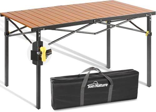 Join Nature 46.4 Large Camping Table for 2-6 People - Heavy Duty Camp Table Foldable with Aluminum Roll-Up Top & Carry Bag - 220lbs Capacity, Portable for BBQ, Tailgating, Backyard (Natural)