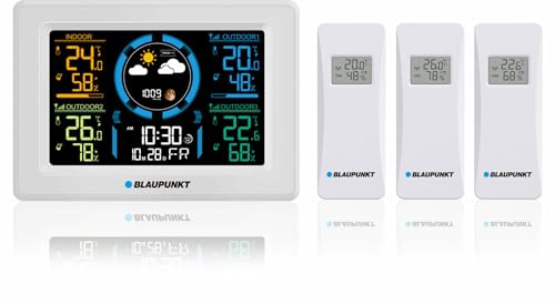 Blaupunkt WS40WH Wetterstation mit 3 externen Temperatur- und Luftfeuchtigkeitssensoren LCD-Display