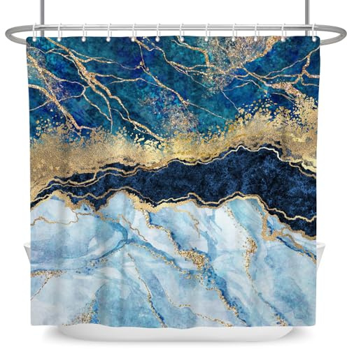 MIRRORANG Marmor-Duschvorhang, 183 x 213 cm, Marineblau, gemischte goldene rissige Linien, Muster, Textur, Duschvorhang für Badezimmer, wasserdichtes Polyestergewebe-Set mit Haken