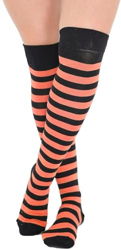 FNA Fashions® Girls Over The Knee Striped Plain Socks Assorted Colours Thigh High Socks (Black & Orange Stripe OTK Socks)