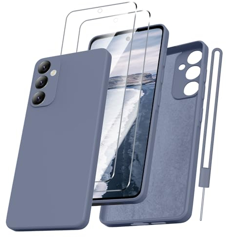 Kukiwhy für Samsung Galaxy A55 Hülle mit 2 Stück Panzerfolie, Handyhülle für Samsung A55 4G/5G mit Weichem Kratzfestem Mikrofaserfutter,Rundumschutz Silicone Hülle für Samsung Galaxy A55 Blau Grau