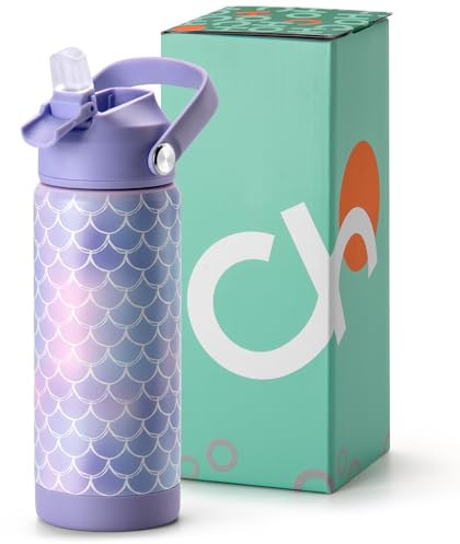 Choco Mocha Borraccia termica per bambini, con cannuccia, in acciaio inox, con manico, 510 ml, colore: viola-sirena