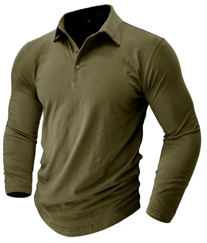 Mens Polo Shirts Cotton Long Sleeve T Shirt Golf Tops Grandad T Shirt Polo T-Shirts Plain Olive Green T Shirt Men L