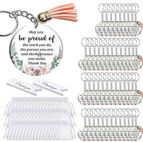 Schlüsselanhänger zur Mitarbeiteranerkennung, inspirierende Schlüsselanhänger-Sets,48 Sets inspirierender Schlüsselanhänger mit Quasten | Dankeschön-Schlüsselanhänger mit Organzabeutel-Karten, Partyzu