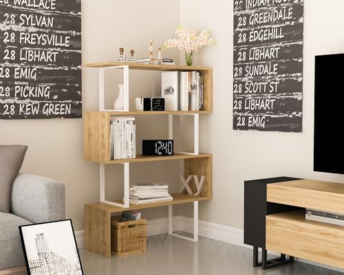 Hanah Home Modern Bookshelf with Metal Frame, Oak & White, 91.5 x 124.5 x 29.5 cm | 100% Melamine Coated, 18 mm Thick | Wall-Mountable, Stylish Storage Solution