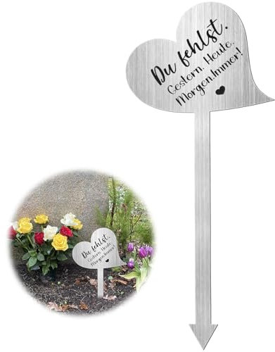Grabschmuck Wetterfest, 28 cm Grabstecker, Herz Grabstecker Edelstahl Grabschmuck mit Spruch Du Fehlst. Gestern. Heute. Morgen. Immer! Grabdekoration Wetterfest Grabgestecke Grabschmuck zum Andenken