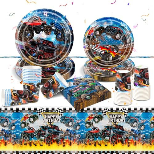 Part Decorations Boys- Truck Birthday Tableware Set Racing Car Themed Party Supplies Wheels Paper Plates Cups Napkins Tablecloth Party Favors for Kids Car Lovers Baby Shower Deco