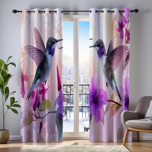 MULERN 2Er Set Blickdicht Vorhänge Wohnzimmer, 3D Kolibri Muster Blickdicht Schlaufenschal Lila Blumen Verdunkelungsvorhang, Lärmminderung Gardinen Fensterdekoration H245 X B140 cm