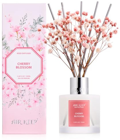 Airkeep Raumduft Kirschblüte Duft, Reed Diffuser mit 8 Duftstäbchen, Lufterfrischer für Badezimmer, Wohnung, Heimdekoration, 100ml