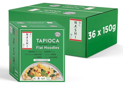 Nashi Tapioca Shirataki Flat Noodles 150g (Pack of 36) - Odour Free, Low Calorie & Fat Free, High Fibre, Vegan & Gluten Free, Keto Friendly, Low Carb Konjac Noodles | Ready to Eat Japanese Style