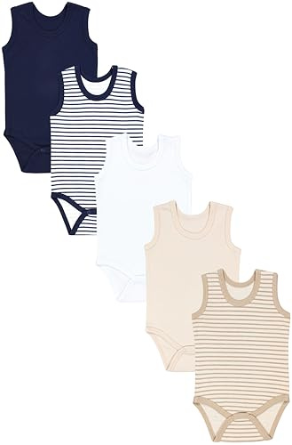 TupTam Baby Jungen Achselbody – Weicher Baby Body im 5er Pack aus Baumwolle, Body Baby Unifarben OEKO-TEX zertifiziert, Farbe: Streifen Hellbeige Dunkelblau, Größe: 128