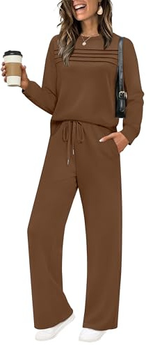 WIHOLL Lounge Sets for Women 2 Piece Travel Outfits Long Sleeve Wide Leg Tracksuit Winter Sweatsuits Women's Loungewear Loose Fit Brown XL