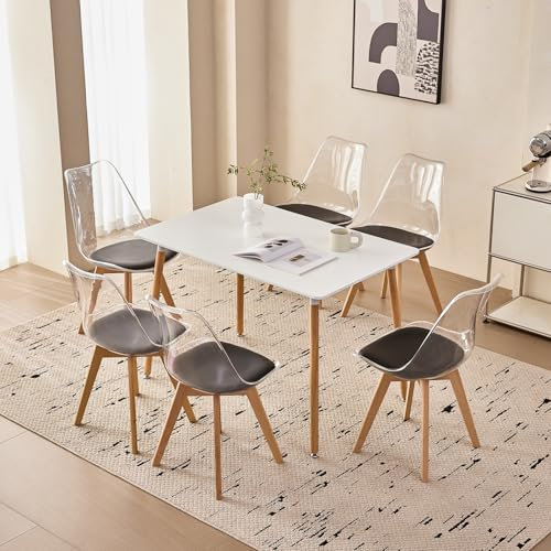 JZGORC Juego de Mesa y Sillas de Comedor para Cocina con 6 Sillas, Mesa Rectangular de Madera, Sillas Nórdicas Modernas Rransparentes, para Comedor, Cocina y Sala de Estar (Blanco + Negro)