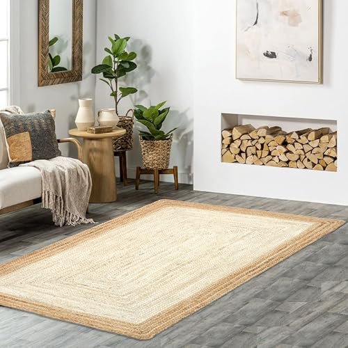 The Home Talk Jute Braided Rectangular Rug - Natural Fiber Rug Rustic Farmhouse Vintage Braided Handwoven Indoor Carpet for Entryway/Kitchen/Frontdoor (White, 90 x 150 cm)