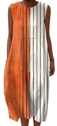 Linen Dresses Cheesecloth Dress for Women Summer Casual V Neck Italian Midi Short Sleeveless A-line Sundress Tunic Breathable Floral With Pockets Beach Lightweight Shift Plus Size Ladies UK Italy