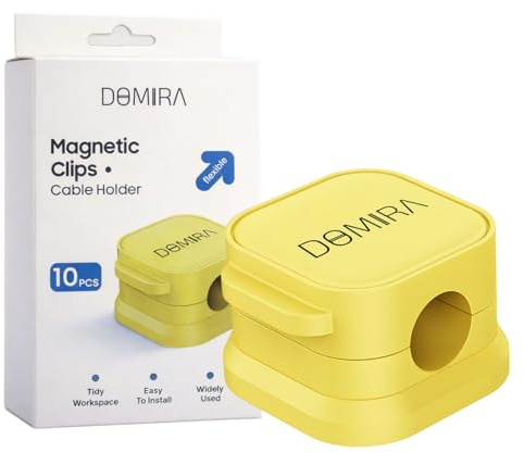 DOMIRA 10 Magnetic Cable Holder Clips – Desk Cable Tidy & Charger Cable Organiser – Magnetic Door Clip for Wire Management – 6 Colours – Self Adhesive Clip for Desk Cable Organizer (Yellow)