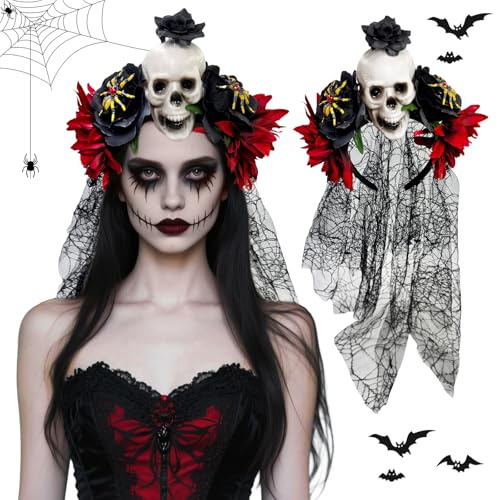 Shyllin Haarreif Halloween, Schleier Tag der Toten, Halloween Kopfbedeckung, Geeignet für Rollenspiele, Weihnachten, Neujahr, Maskerade, Themenparty (Großes Skelett)