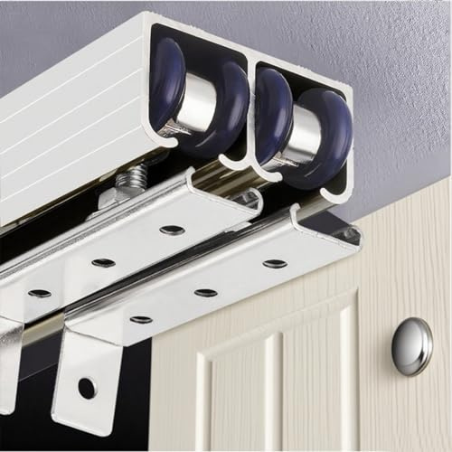 Kit de puerta corredera blanca – Herrajes para puerta de granero de doble pista, riel de derivación suave y silencioso para una fácil instalación, rieles invisibles de 50 cm para puerta corredera.