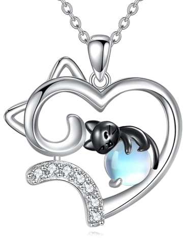 ZADIUA Cat Necklace 925 Sterling Silver Black Cat Pendant Moonstone Necklace Jewelry Gift for Women
