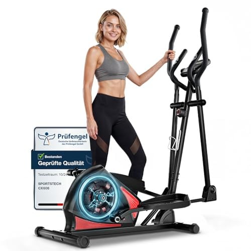Sportstech CX608 Crosstrainer für Zuhause, leiser Ellipsentrainer mit 8 Widerstandsstufen, 10 kg Schwungrad, LCD Display, Pulssensor bis 120 kg, Fitnessgeräte für Zuhause