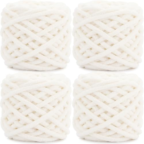 Lighterday 4×100g Rollen Chenille Wolle Zum Häkeln Dick Garn Flauschige Dicke Wolle zum Häkeln und Stricken,Chunky Yarn für Anfänger,Ideal für Schal,Blanket,Mützen,Pullover und Taschen(Milchweiß)