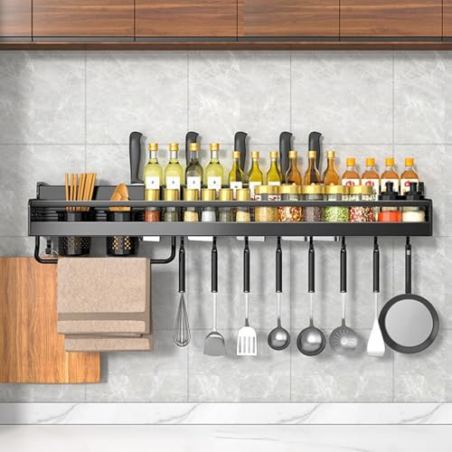 Wall Mount Spice Rack,No Drilling, Kitchen Wall Shelf,Hanging Storage Shelves, Kitchen Seasoning Organizer with 2 Utensil Holders 8 ,Hooks kitchen utensil rack, for Spice Jars and Seasoning Bottles