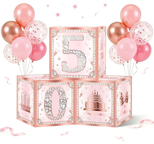 Deko 50 Geburtstag Frau, 3er Set Roségold Deko 50. Geburtstagsdeko Boxen, 50 Jahre Partyartikel Pappboxen, 50 Geburtstag Frauen Deko Kubus Boxen Tischdekoration für Dame