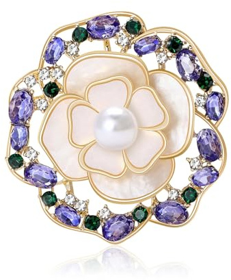 Shell Monet Brosche mit violetter Rose, Süßwasserperle