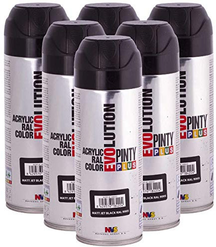 Pintyplus Evolution - Pintura en aerosol mate negro azabache - RAL 90 - latas de 12 oz - Caja de 6 - Pintura en aerosol acrílica de secado rápido, para metal, madera, piedra, cartón y papel